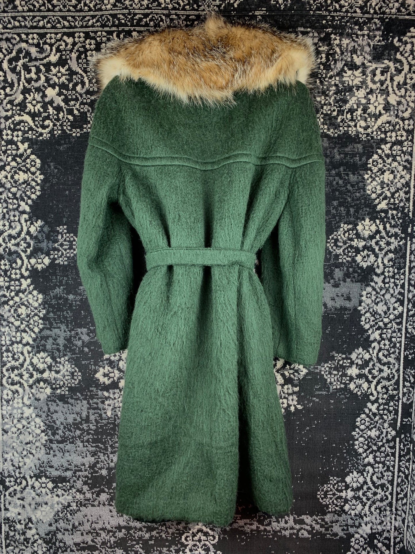 Women’s Vintage Green Wool Long Coat with Real Coyote Fur Hood
