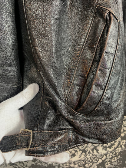 Vintage Black Leather Zip-Up Jacket with Stand Collar