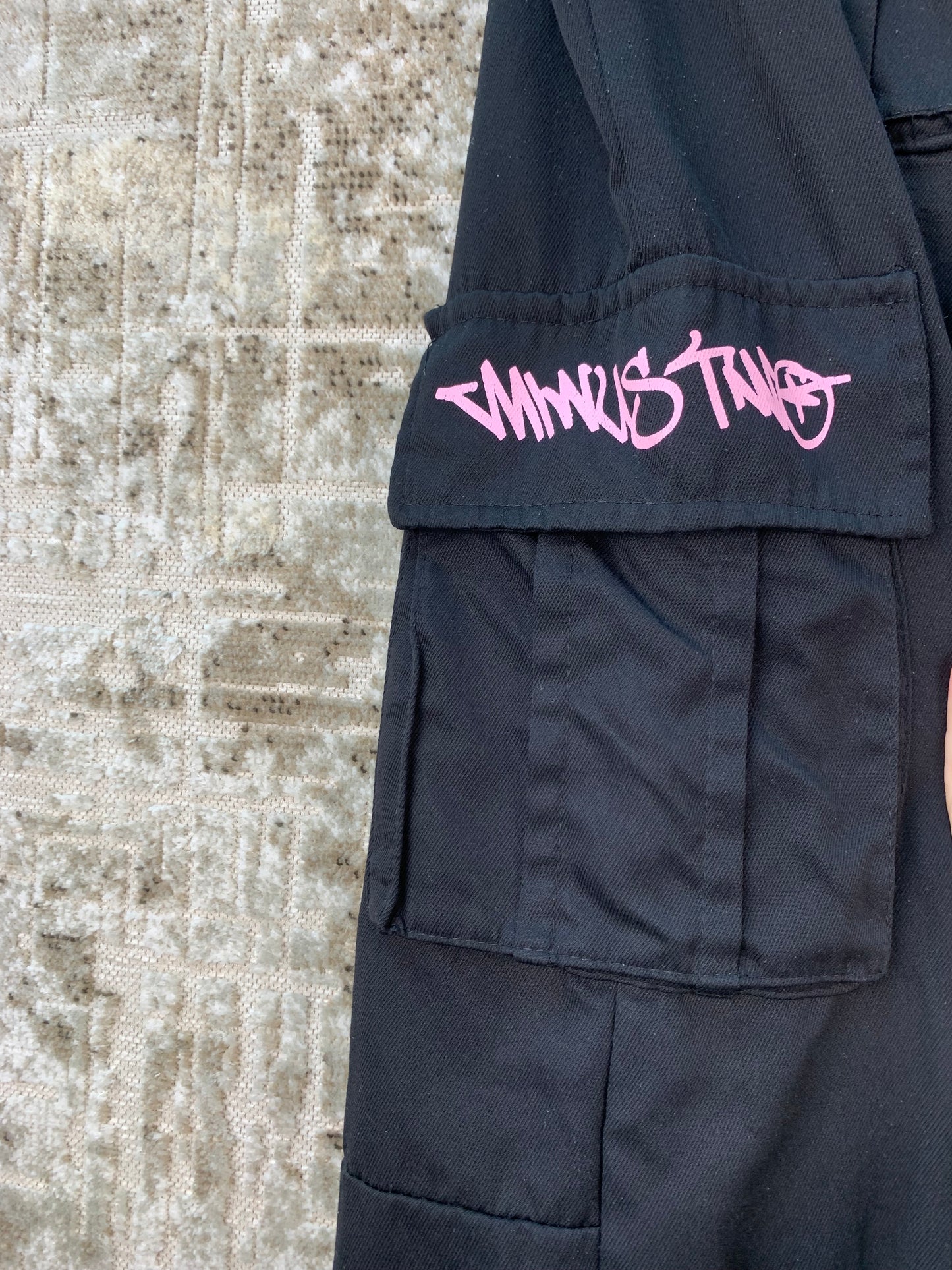 Womens Pink Text Graphic Black Cargo Sweatpants