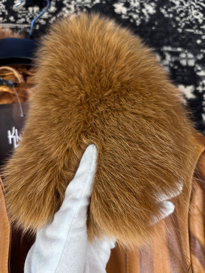 Women's Y2K Caramel Brown Funky Striped Leather Coat