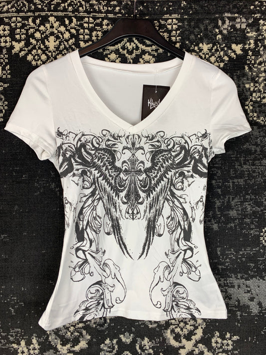 Y2K Style White V-Neck Graphic T-Shirt