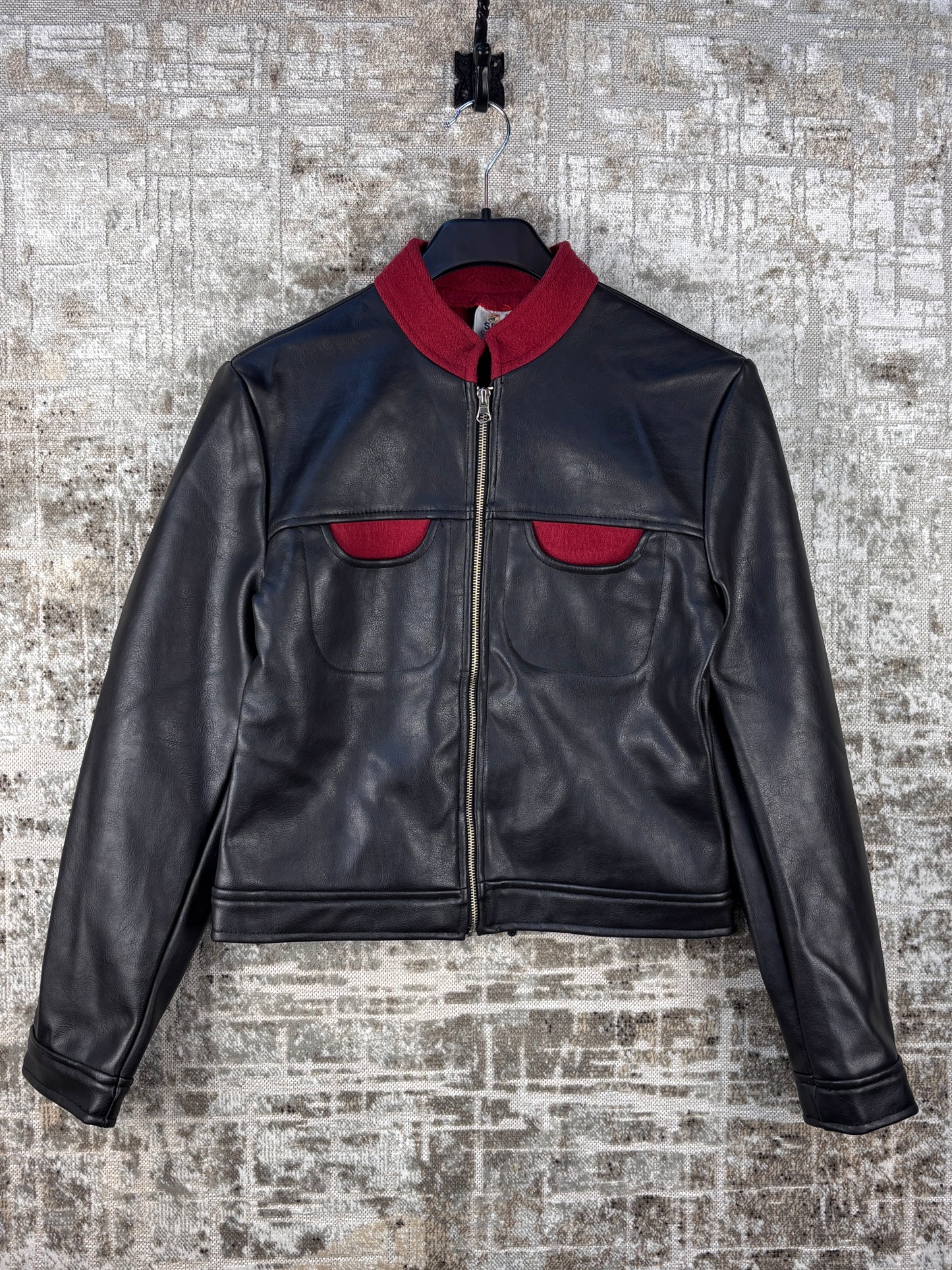 Unisex Vintage Black Leather Jacket Red Collar Detail