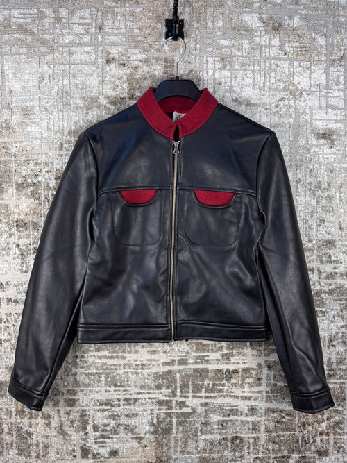 Unisex Vintage Black Leather Jacket Red Collar Detail
