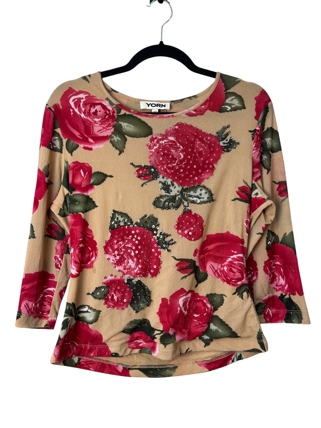 Yorn Y2K Beaded Rose Print Mesh Top