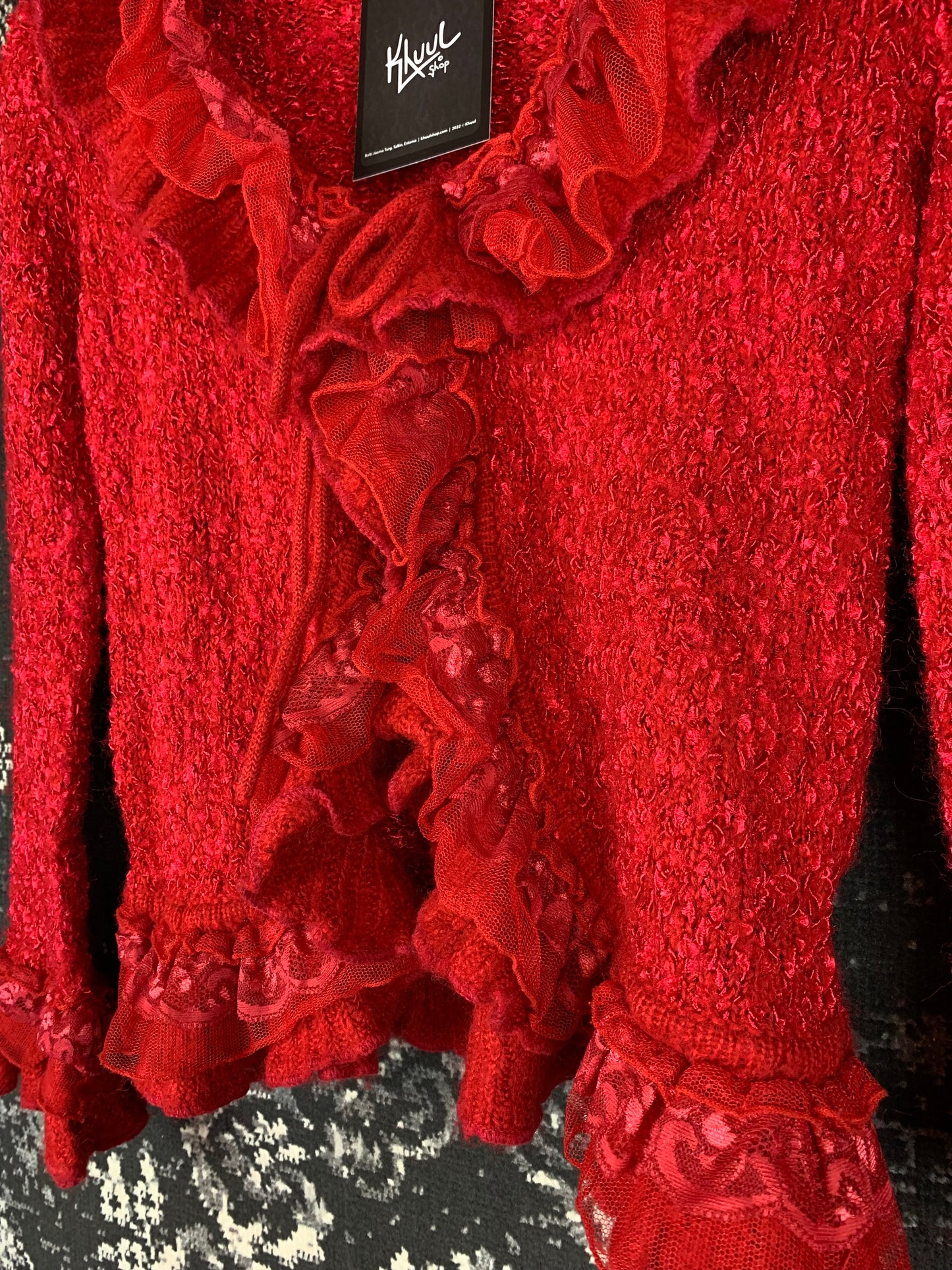 Romantic Vintage Red Knit Cardigan with Ruffle Trim
