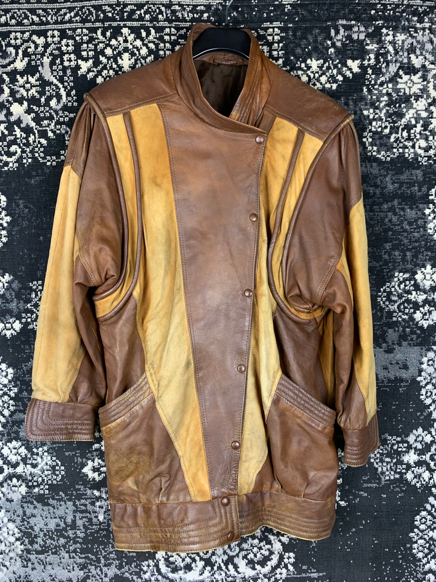 Men's Vintage Mix Patterned Brown Leather Jacket
