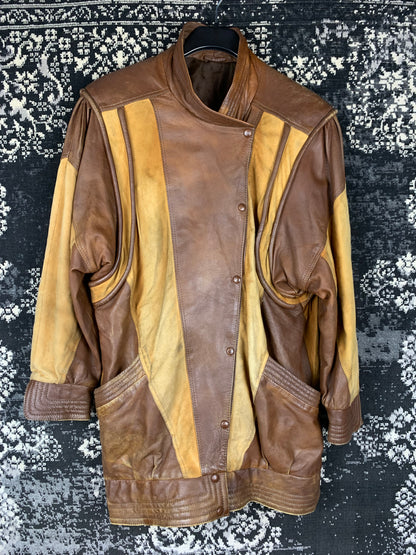 Men's Vintage Mix Patterned Brown Leather Jacket