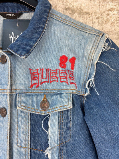Womens Y2K Guess Dragon Embroidery Denim Jacket
