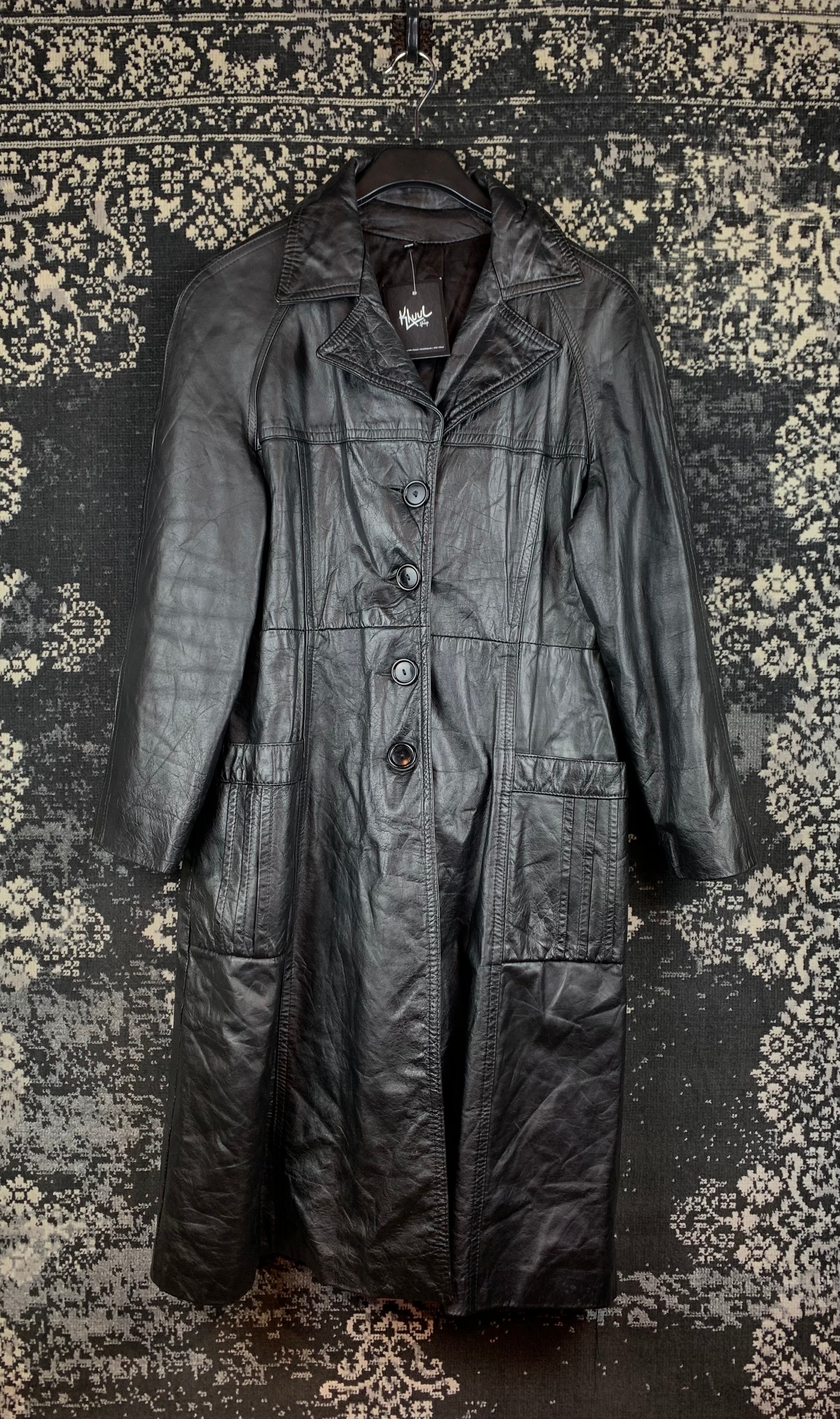 Womens Vintage Black Genuine Leather Long Coat