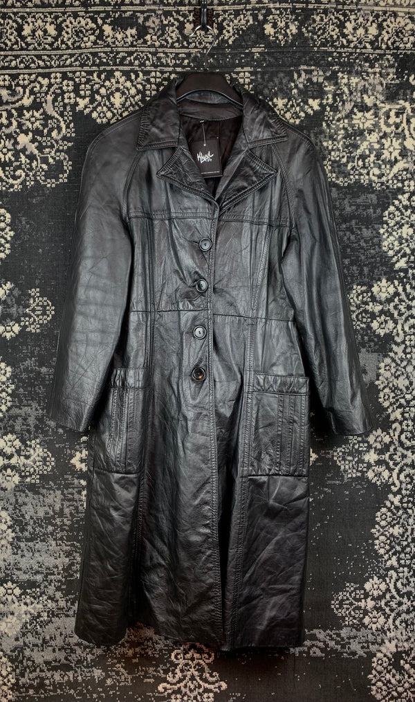 Womens Vintage Black Genuine Leather Long Coat