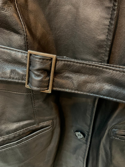 Conbipel Long Black Genuine Leather Coat with Shearling Collar and Belt