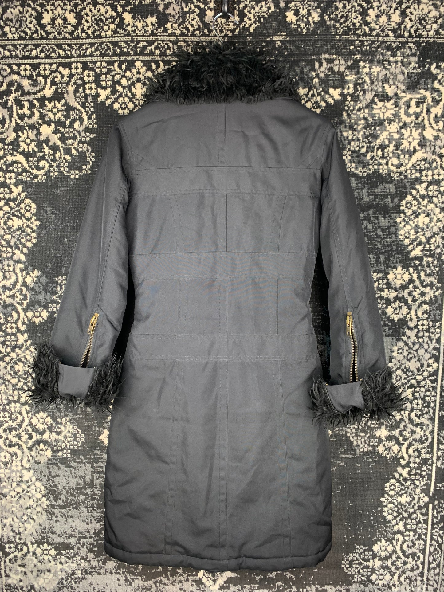 Women's Y2K Style Black Coat with Faux Fur Trim