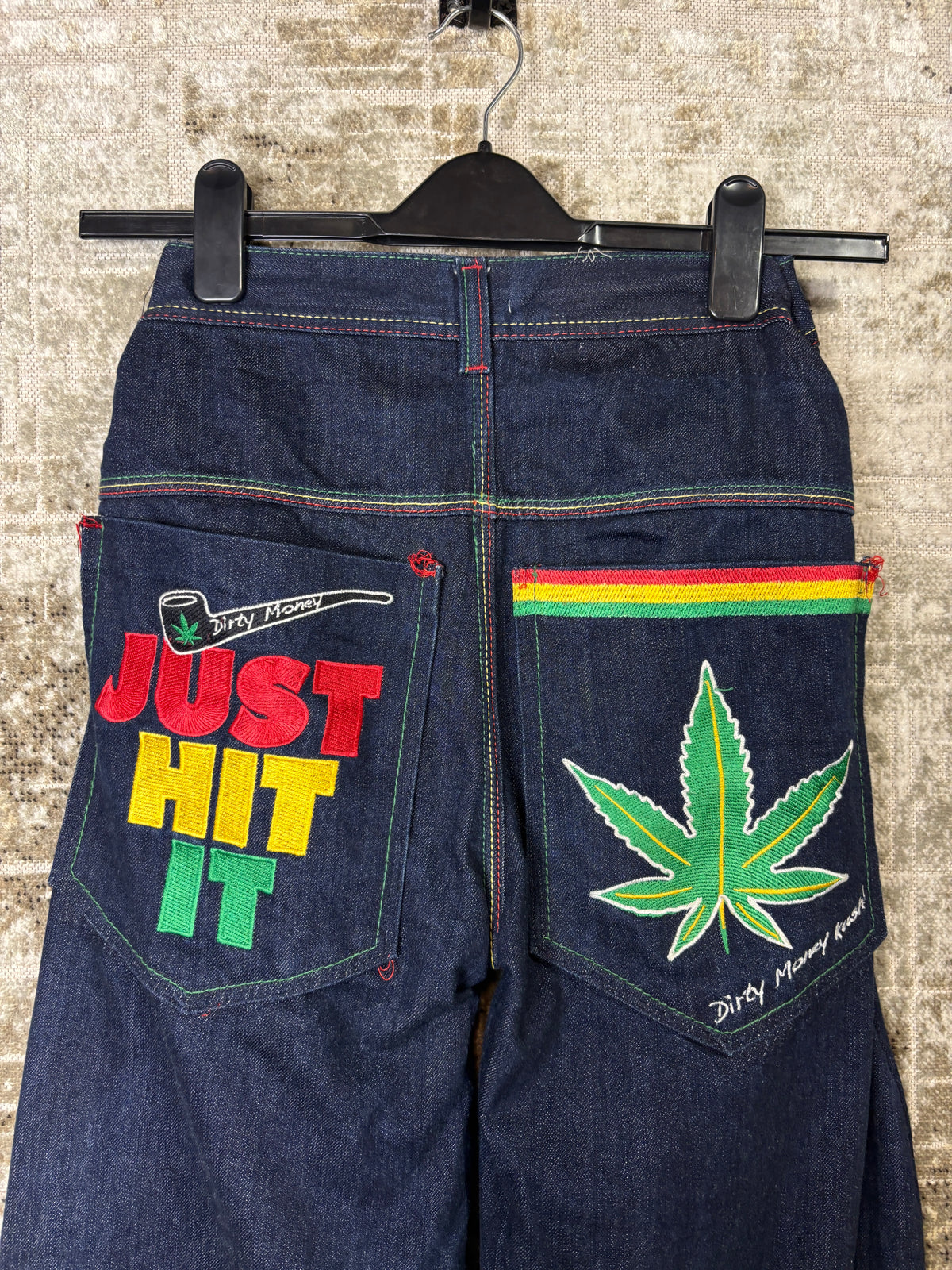 Dirty Money Kush Rasta Embroidered Baggy Jeans