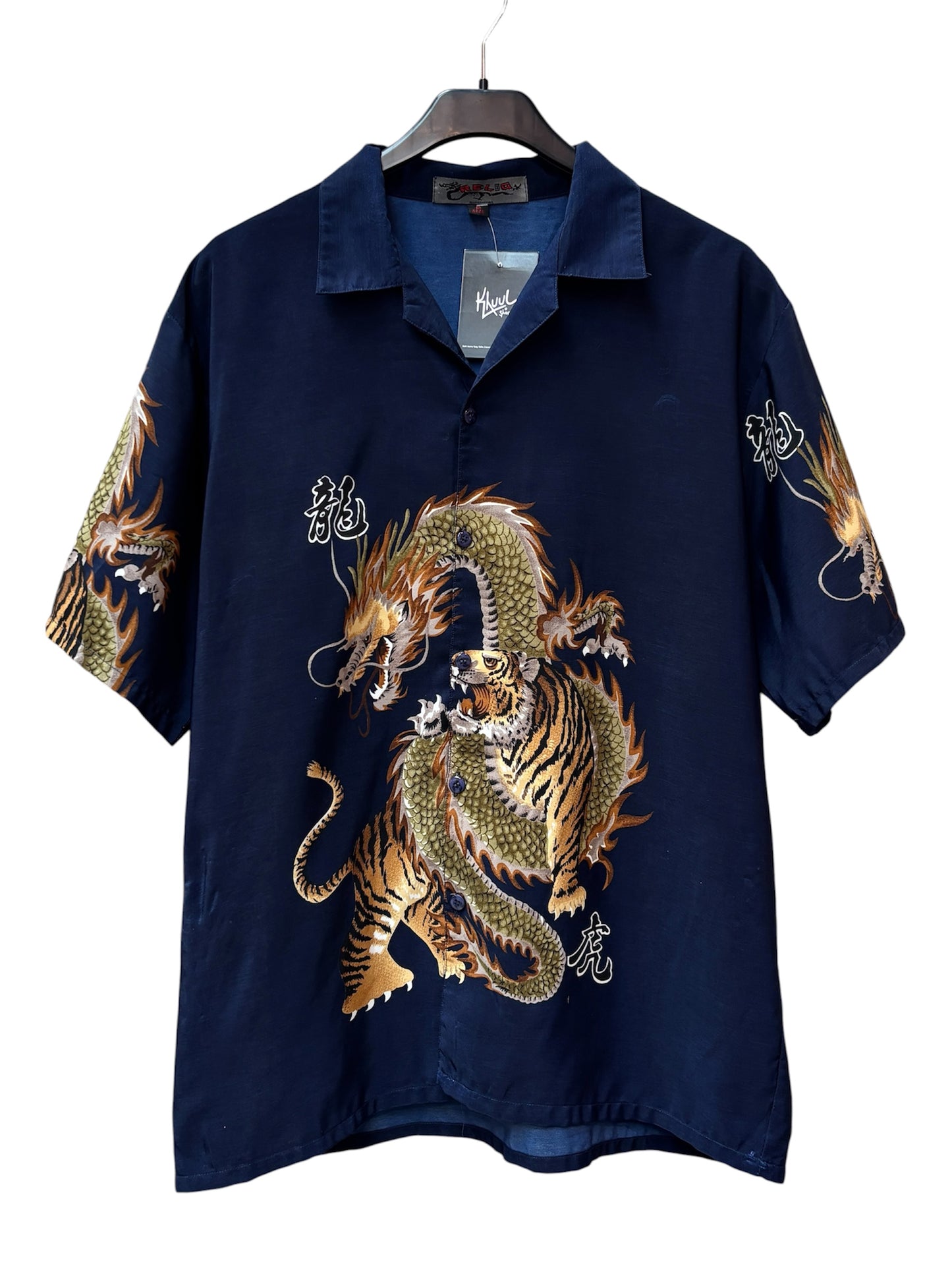 Mens Y2K Relig Dragon and Lion Button Up Shirt
