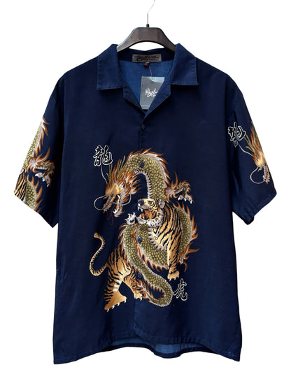 Mens Y2K Relig Dragon and Lion Button Up Shirt