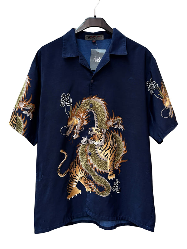 Mens Y2K Relig Dragon and Lion Button Up Shirt