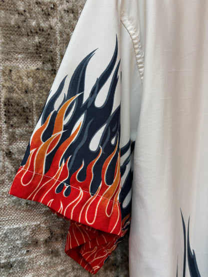 Men's Y2K White Santino Flame Print Button Up Shirt