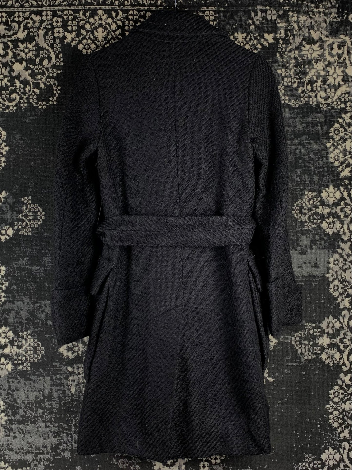Women's Vintage Black Wool Coat with Textured Fabric