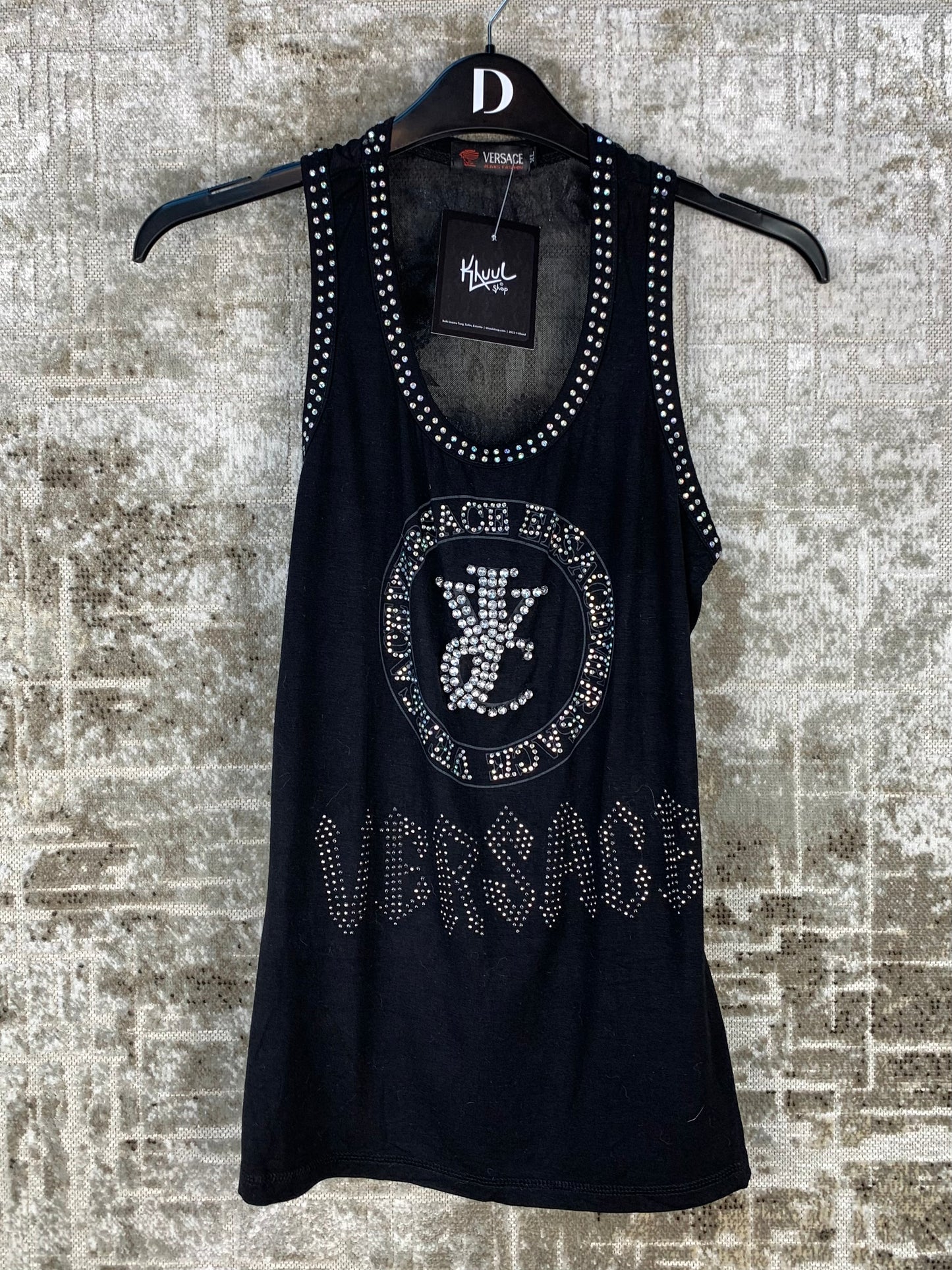 Women's Vintage Versace Black Rhinestoned Tank Top