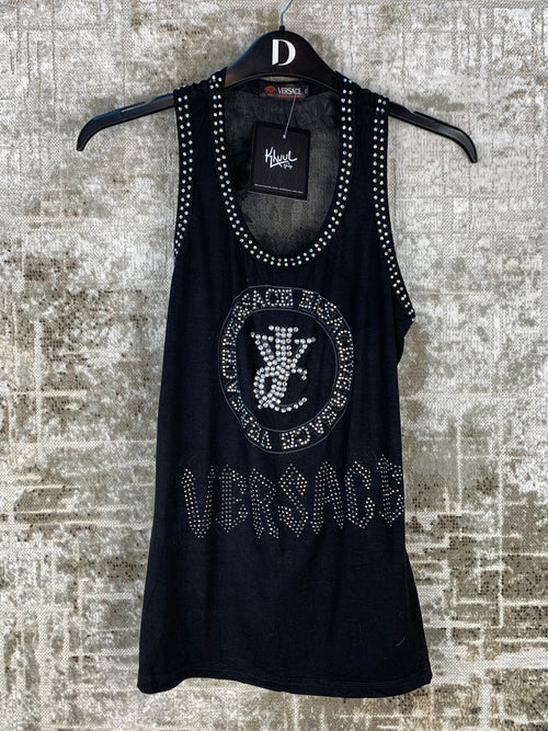 Women's Vintage Versace Black Rhinestoned Tank Top