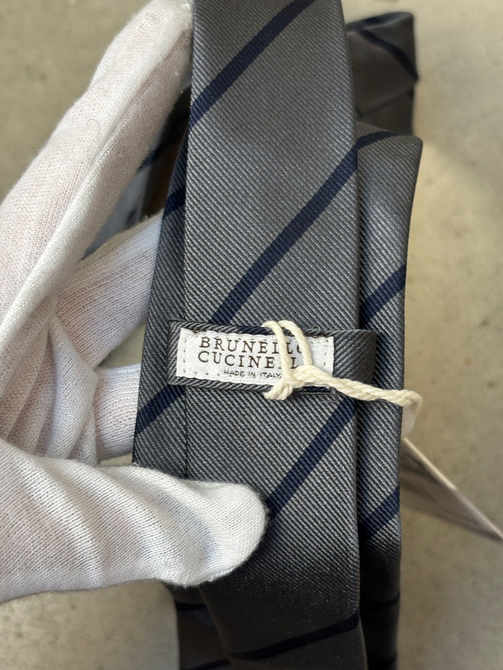Brunello Cucinelli Satin Stripe Grey Print Tie