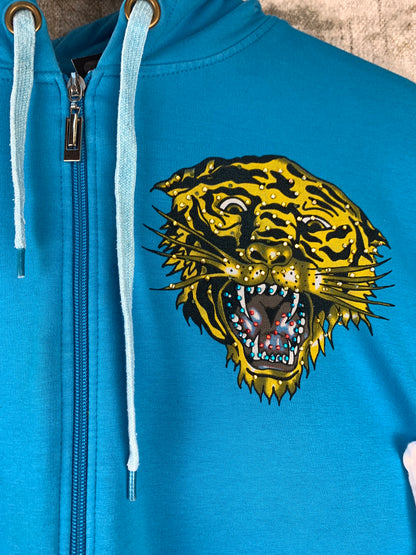 Womens Y2K Tiger Print Blue Zip Up Hoodie