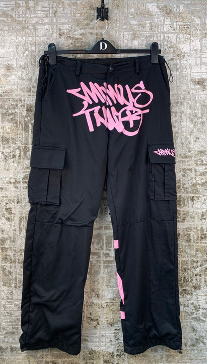 Womens Pink Text Graphic Black Cargo Sweatpants