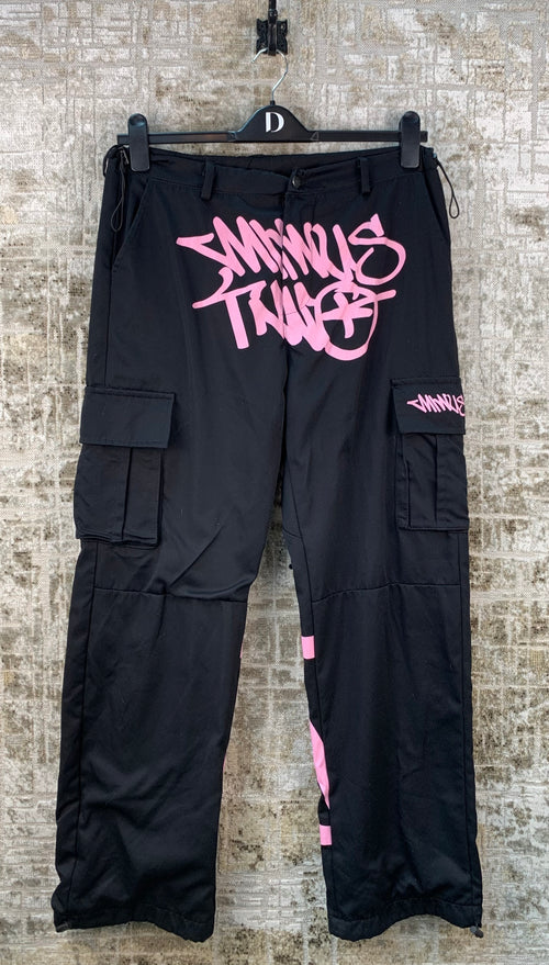 Womens Pink Text Graphic Black Cargo Sweatpants
