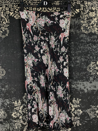 Womens Y2K Black Pink Floral Midi Skirt