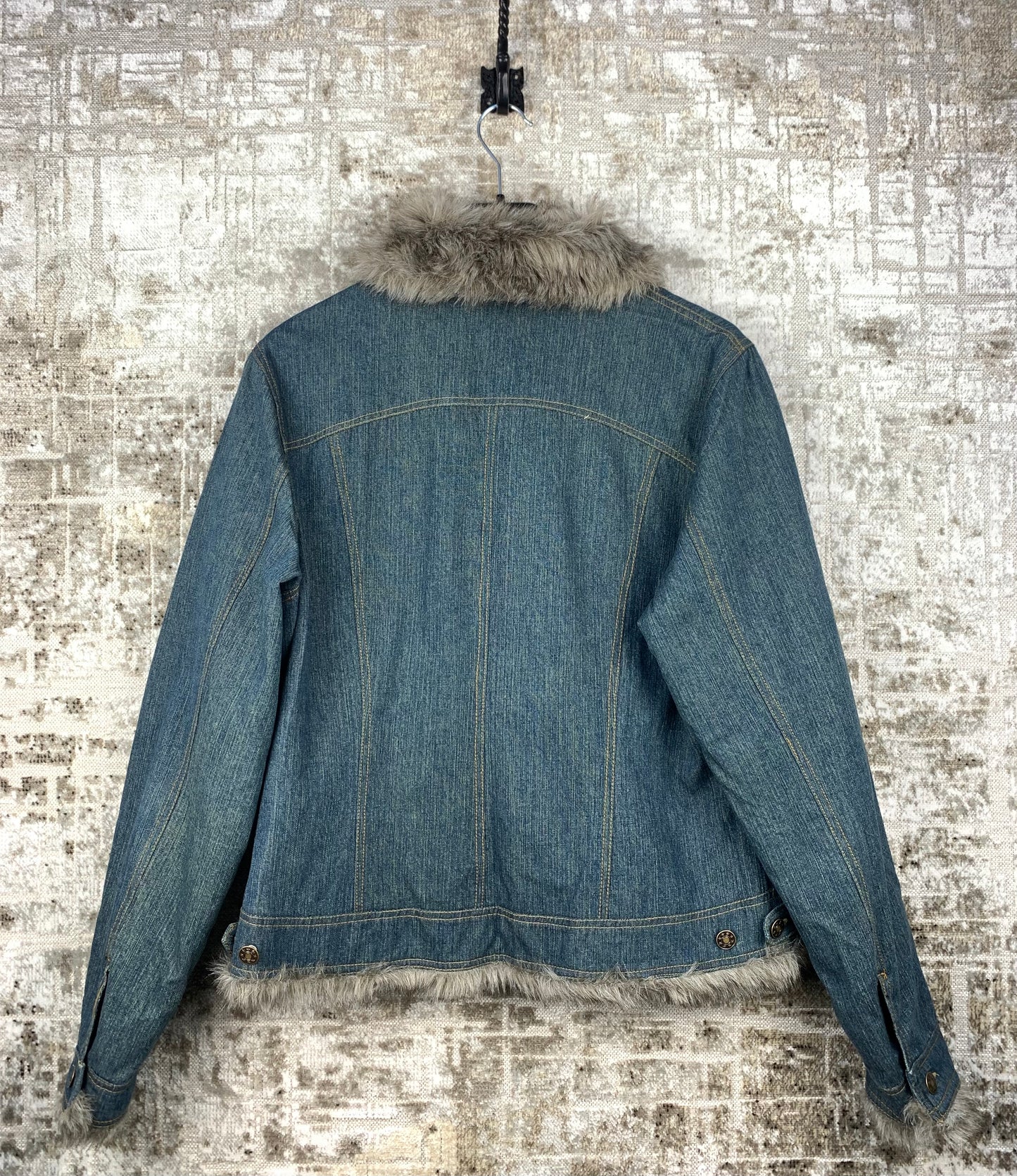 Women's Y2K Denim Jacket Grey Faux Fur Trim Blue Coat