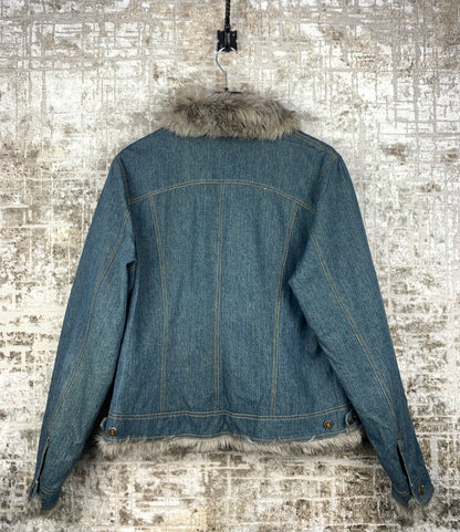 Women's Y2K Denim Jacket Grey Faux Fur Trim Blue Coat