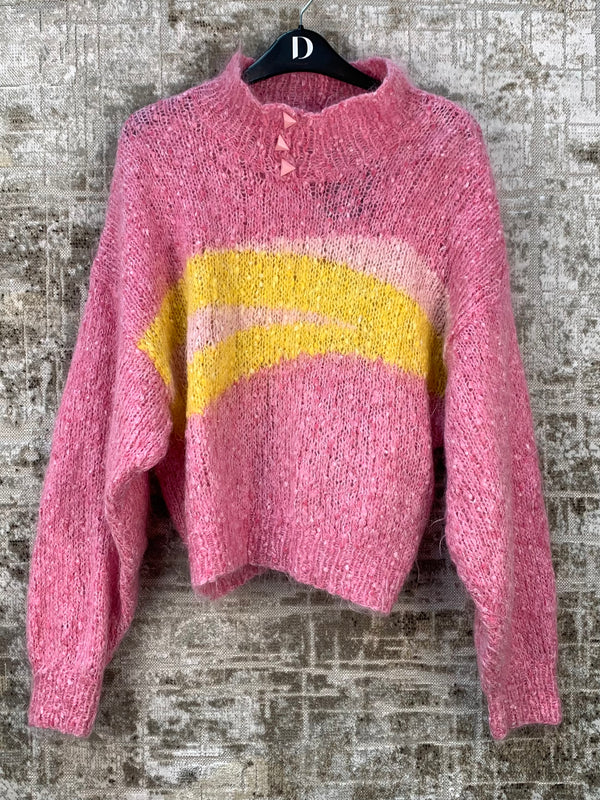 Womens Vintage Pink And Yellow Mockneck Sweater