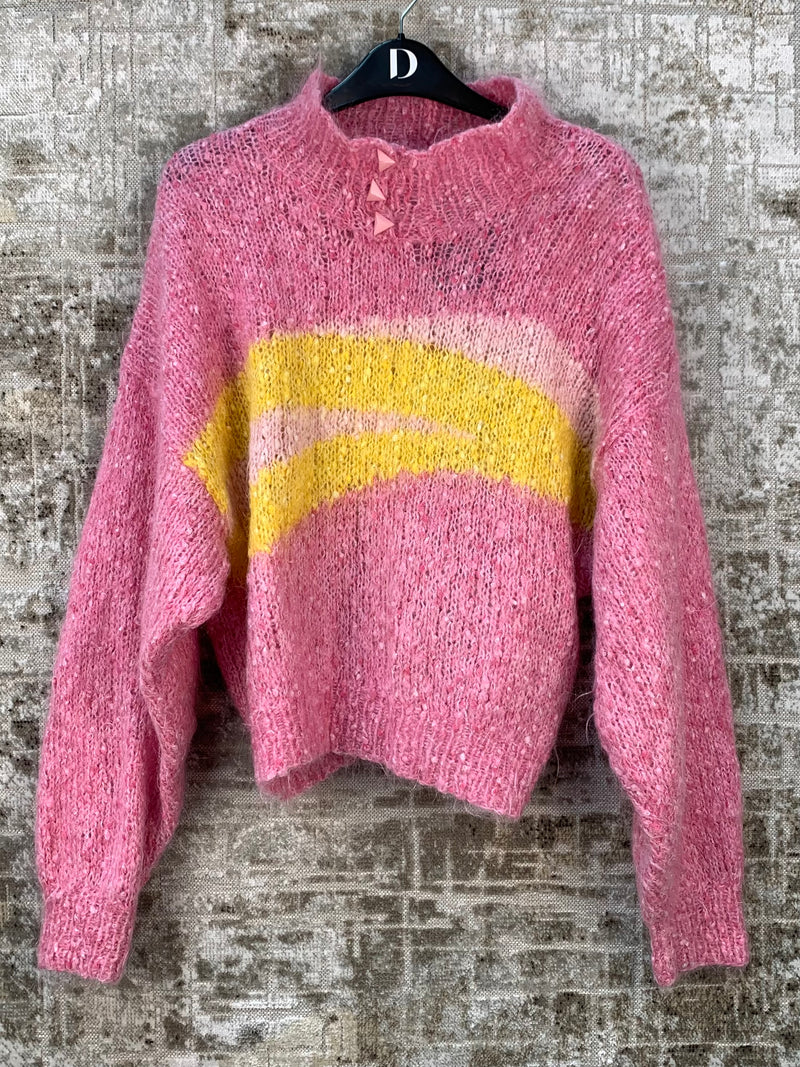 Womens Vintage Pink And Yellow Mockneck Sweater