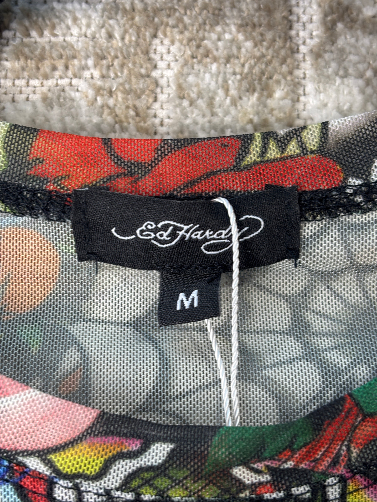 Ed Hardy Tattoo Print Mesh Long Sleeve Top