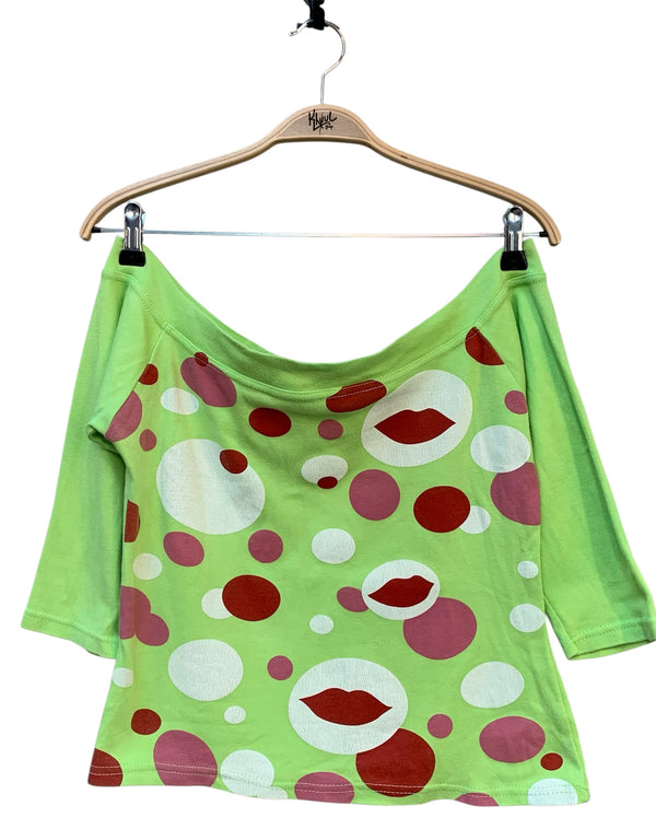 Women's Y2K Green Graphic Off-Shoulder Longsleeve Shirt