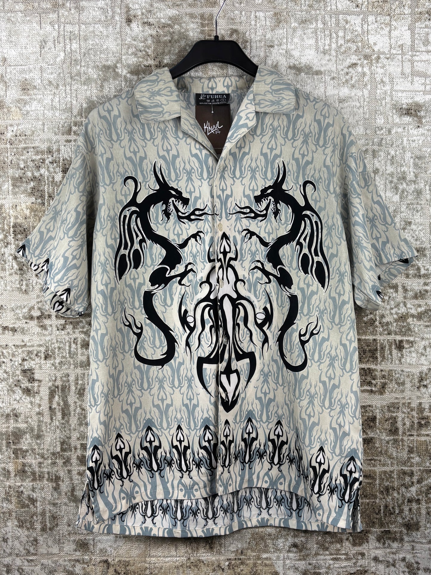 Mens Y2K Tribal Dragon Grey Button Up Shirt