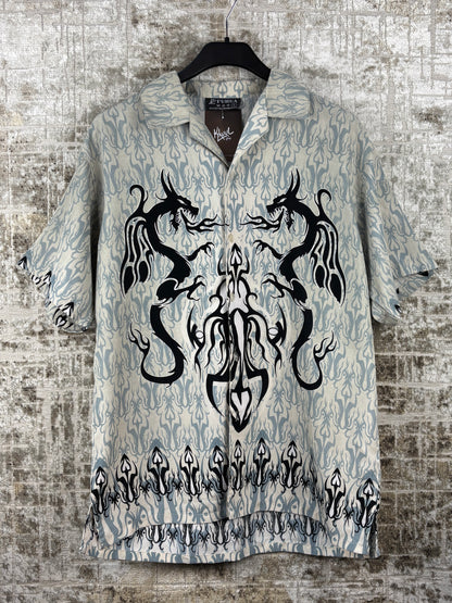 Mens Y2K Tribal Dragon Grey Button Up Shirt