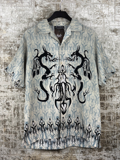 Mens Y2K Tribal Dragon Grey Button Up Shirt