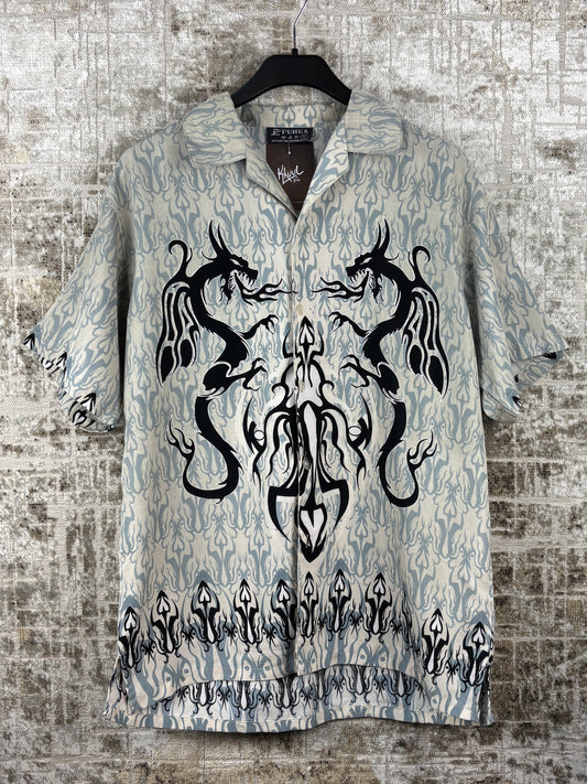 Mens Y2K Tribal Dragon Grey Button Up Shirt