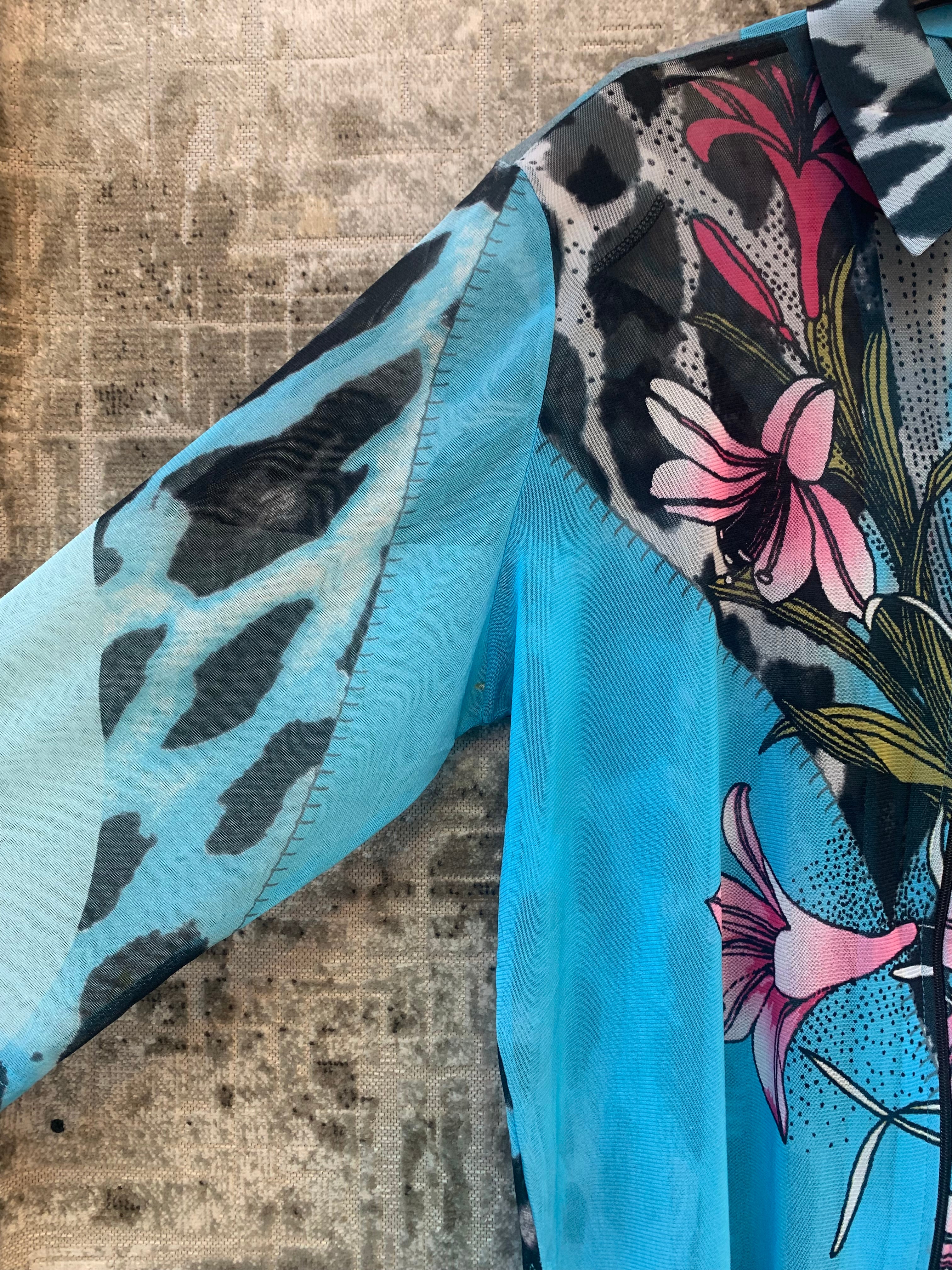 Vercotti Floral & Animal Print Mesh Zip Shirt