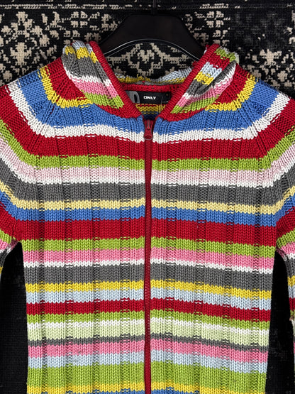 Women's Y2K ONLY Multicolor Striped Zip-Up Knit Hoodie Sweater