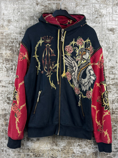 Men's Y2K Christian Audigier Black Red Zip Up Hoodie