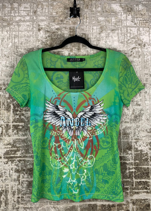 Women's Y2K Jette Green Rhinestone Angel Graphic T Shirt