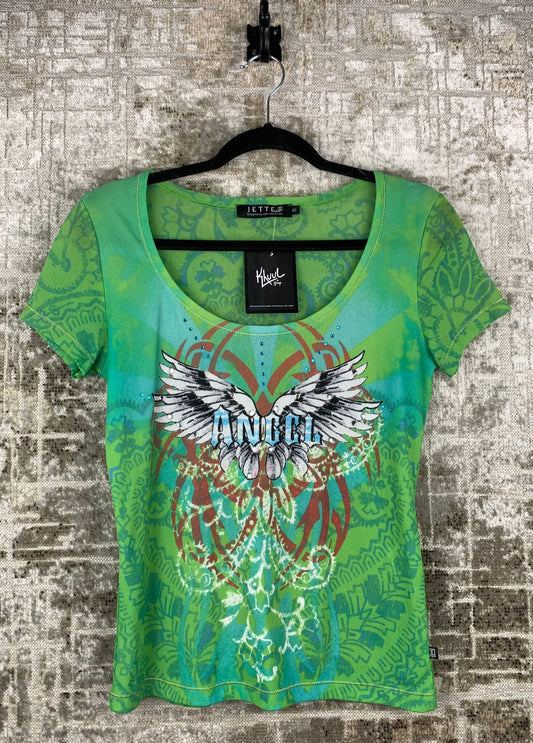 Women's Y2K Jette Green Rhinestone Angel Graphic T Shirt