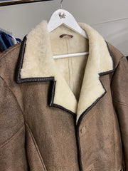 Vintage Brown Genuine Sheepskin Long Buttoned Overcoat Mens L