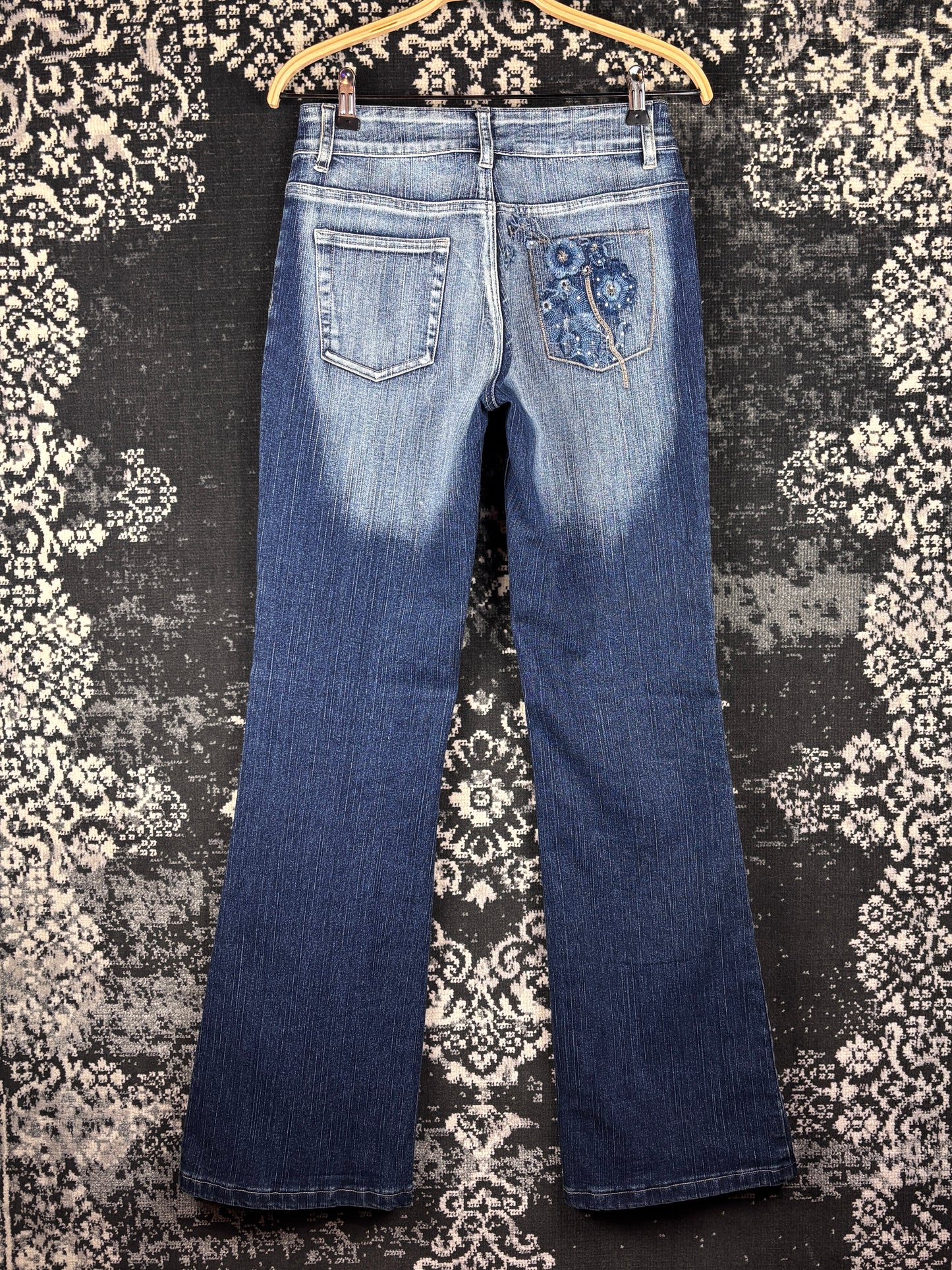 Womens Y2K Blue Denim Two Piece Set Embroidered Beaded Jacket
