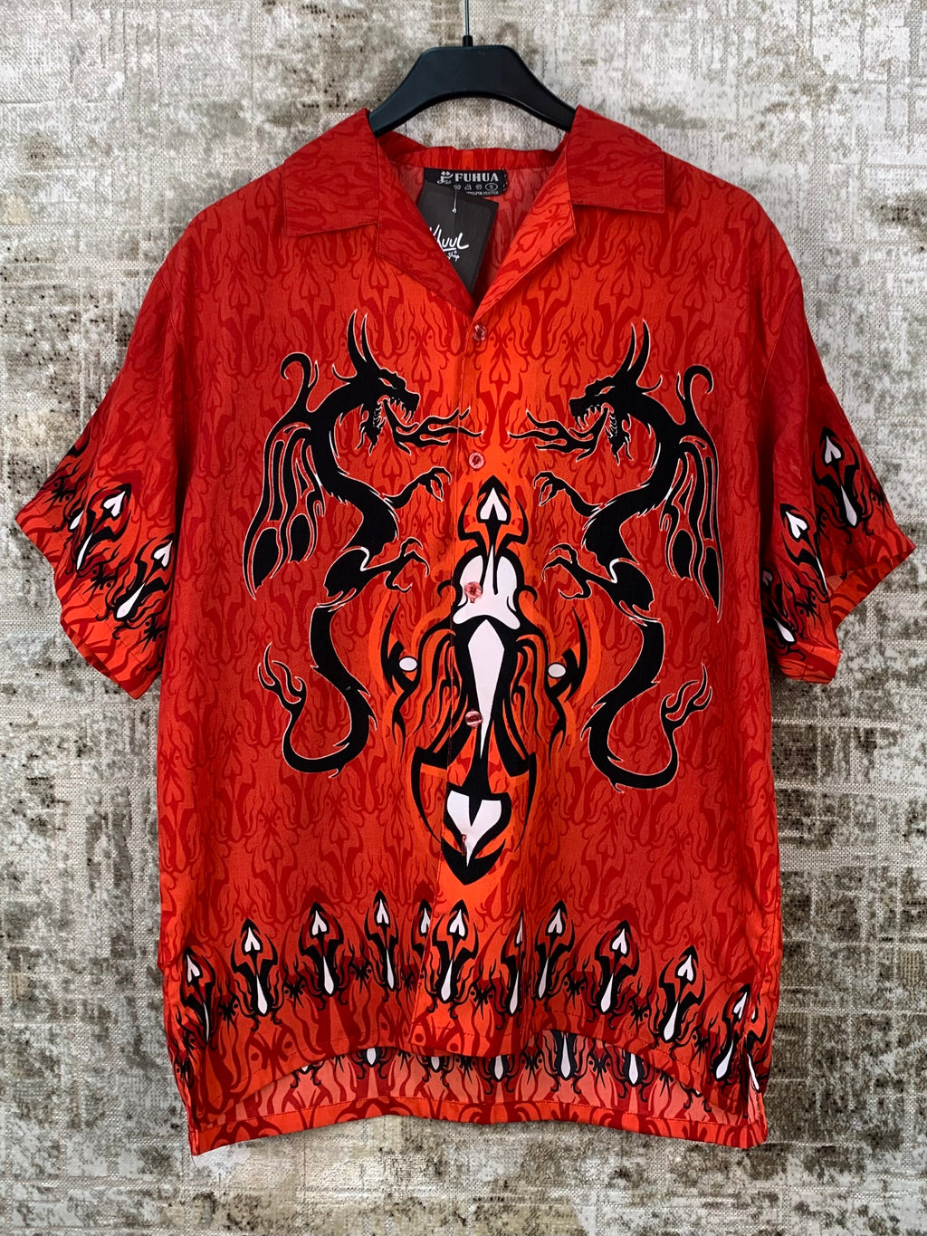 Mens Y2K Red Tribal Dragon Button Up Shirt
