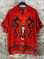 Mens Y2K Red Tribal Dragon Button Up Shirt
