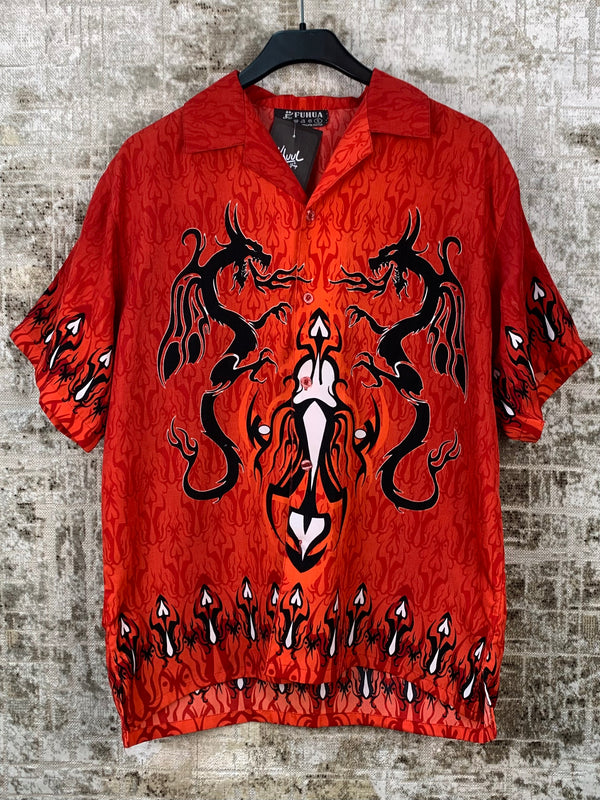 Mens Y2K Red Tribal Dragon Button Up Shirt