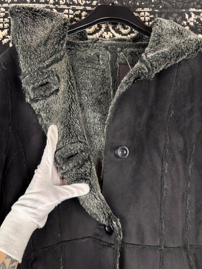 Women's Y2K Black Hooded Suede Coat with Faux Fur Trim